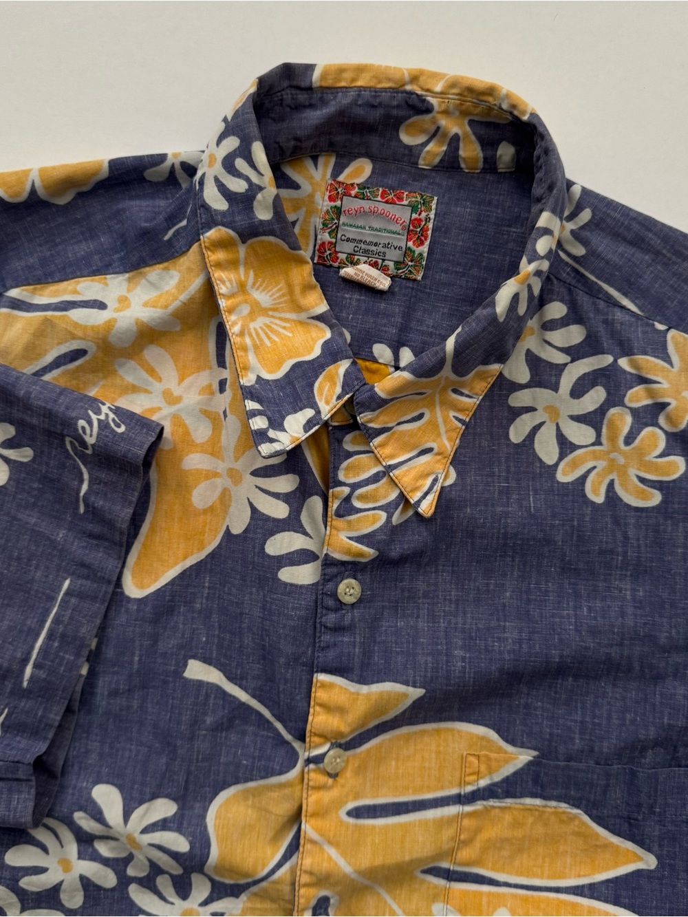 Vintage Reyn Spooner Commemorative Classic Blue Yellow Floral Button Up Shirt L